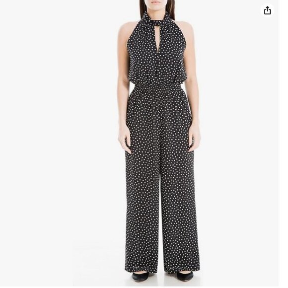 Max Studio Black Wide-Leg Jumpsuit with High Collar and Polka Dots - Picture 1 of 10